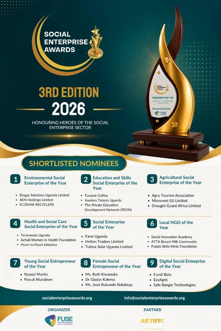Official 3rd Edition Social Enterprise Awards 2026 shortlist poster showing Acholi Women in Health Foundation under Health and Social Care Social Enterprise of the Year